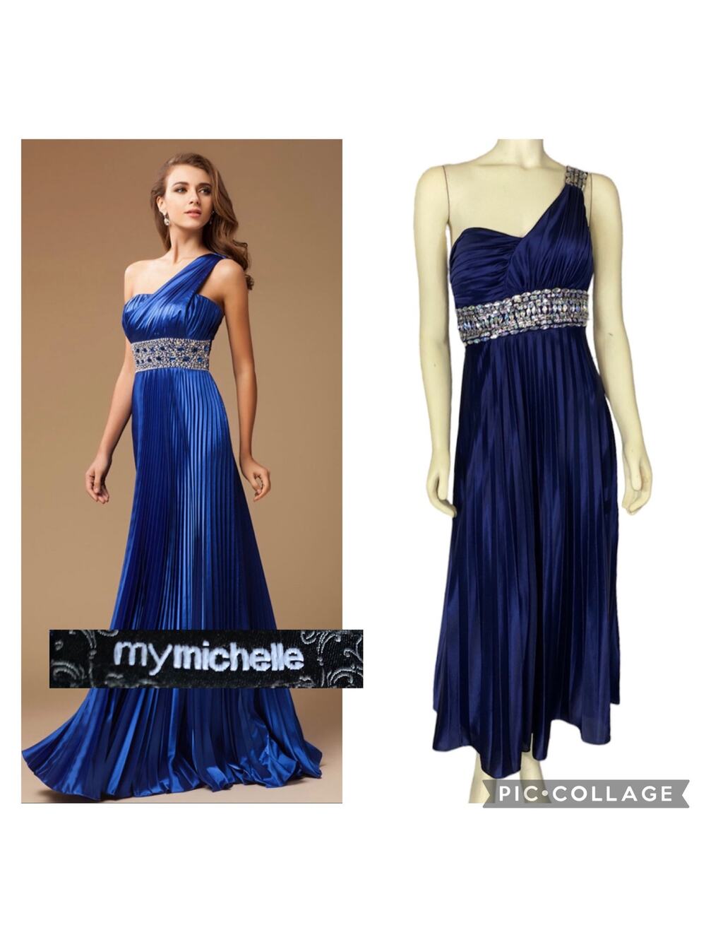 My Michelle Blue One Shoulder Ruched Formal Beaded Empire Waist dress size 13